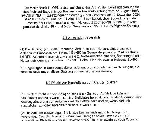 Stellplatzsatzung des Marktes Bruck i.d.OPf.
