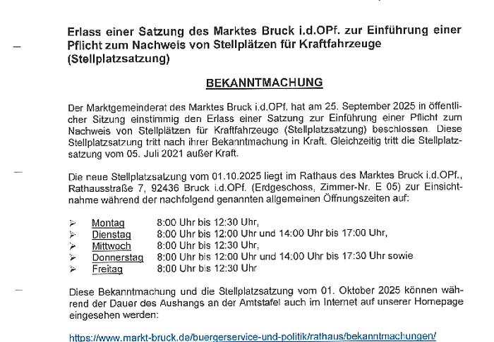Bekanntmachung zum Erlass einer Stellplatzsatzung des Marktes Bruck i.d.OPf. 